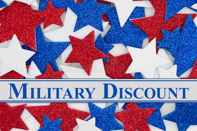 Military Discount message with red, white and blue glitter stars