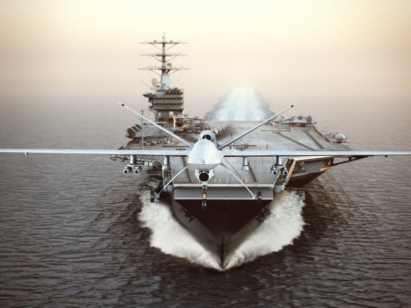 Military Drone aircraft launching from an aircraft carrier on a strike mission. royalty free illustration