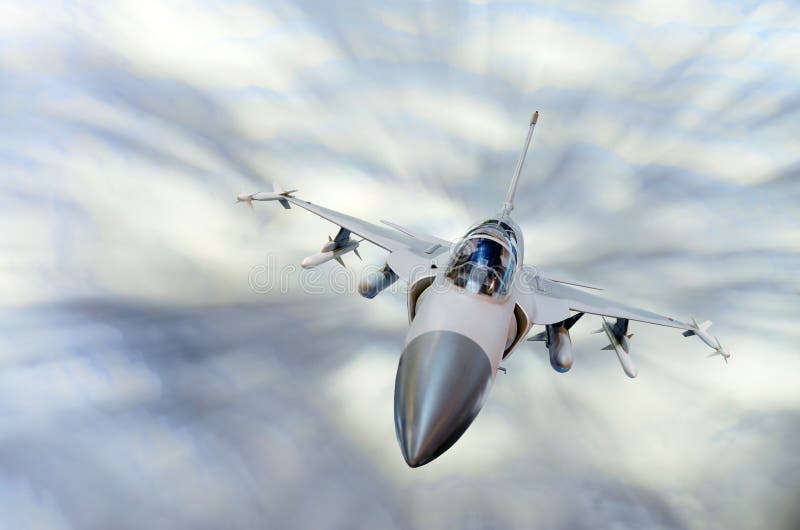 Military Fighter Aircraft at High Speed, Flying High in the Sky. Stock