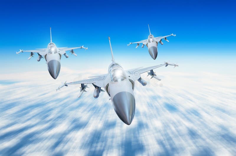 Military Fighters Jet Three Group Aircraft at High Speed, Flying High