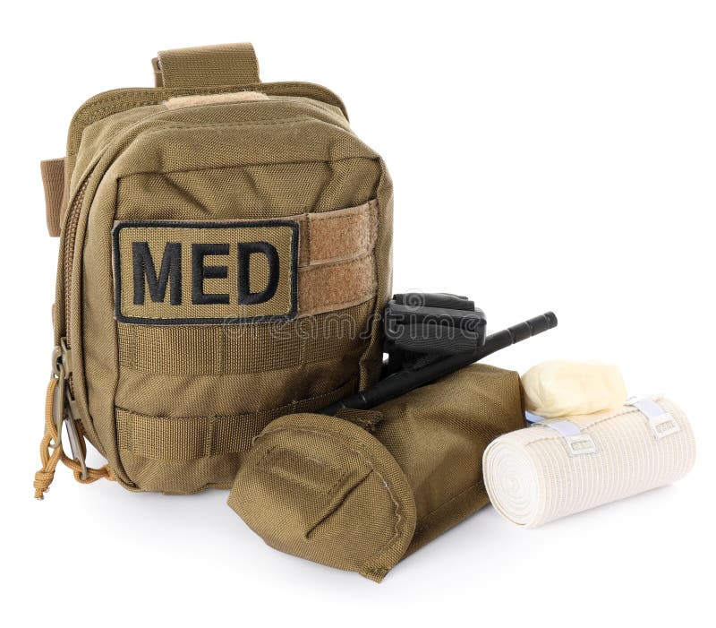 Military First Aid Kit with Items Isolated on White Stock Image Image