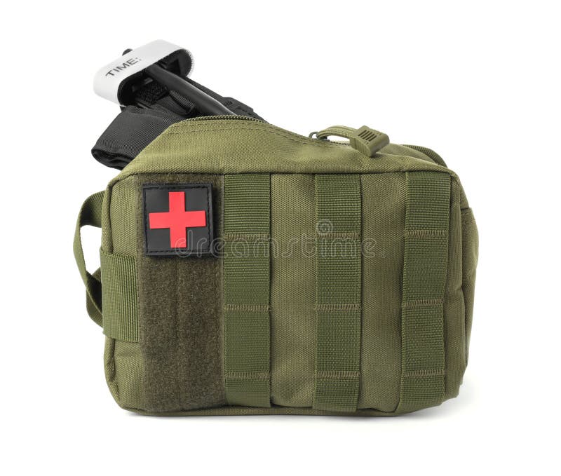 Military First Aid Kit and Tourniquet on White Background Stock Photo