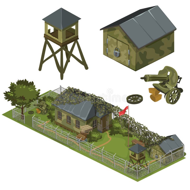 Military garrison, garage, tower and machine gun