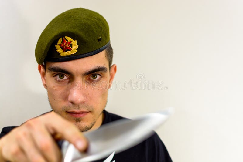 Military Green Beret with a Knife Stock Photo Image of male