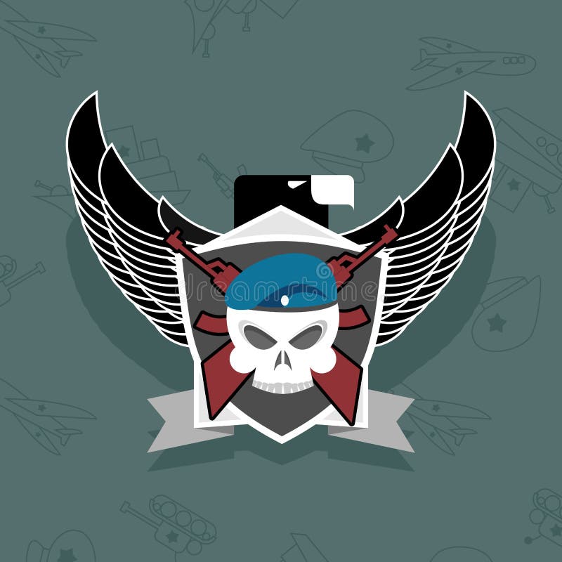 Military Logo. Skull with Wings on the Shield Stock Vector