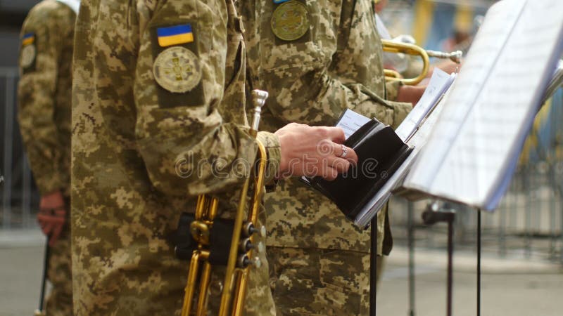 Military Man with a Cornet Looking at the Notes. Back Side View Stock Video  - Video of back, army: 101168991