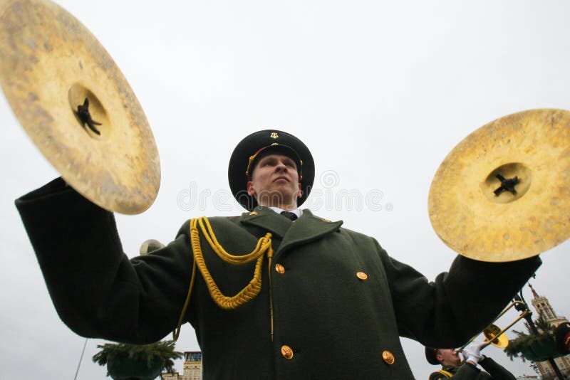 KYIV, UKRAINEA - FEB 23: military musician plays during the orchestra parade dedicated to the Motherland Defender Day celebrations on Independence Square February on 23, 2008 in Kyiv, Ukraine