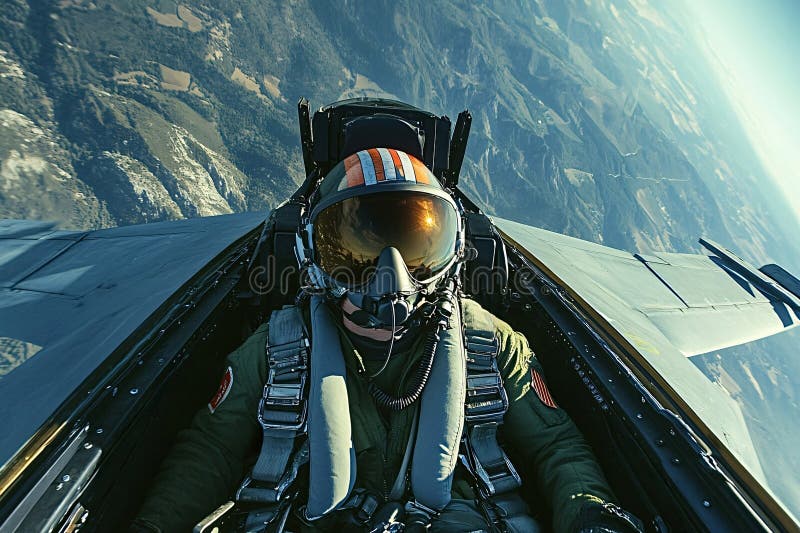Military pilot wearing helmet sitting in fighter jet cockpit royalty free stock photos