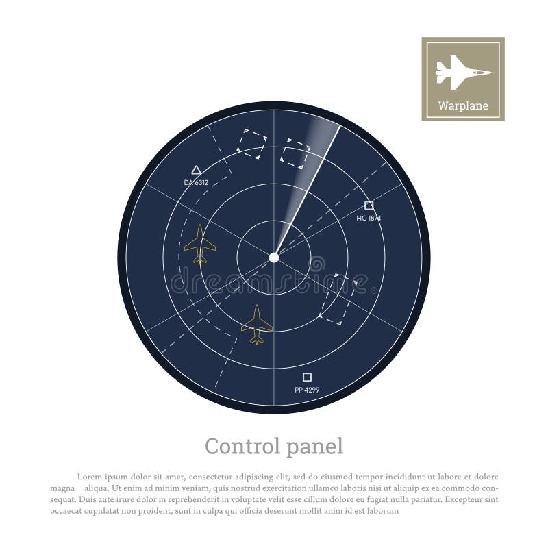 Military radar. Control panel for army aviation. Screen with map vector illustration