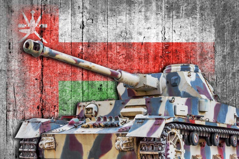 Military tank with concrete Oman flag stock photography