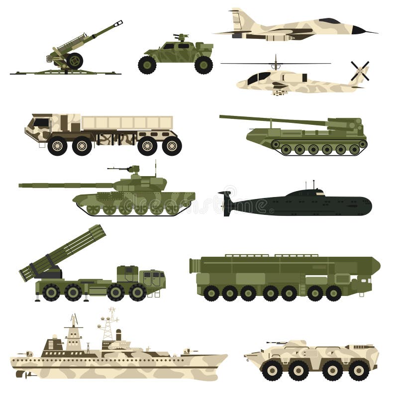 Military technic icon set and armor tanks flat vector illustration.