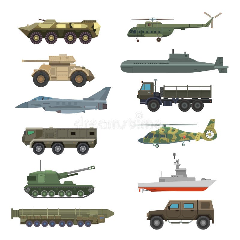 Military technic transport equipment armor flat vector illustration isolated on white background