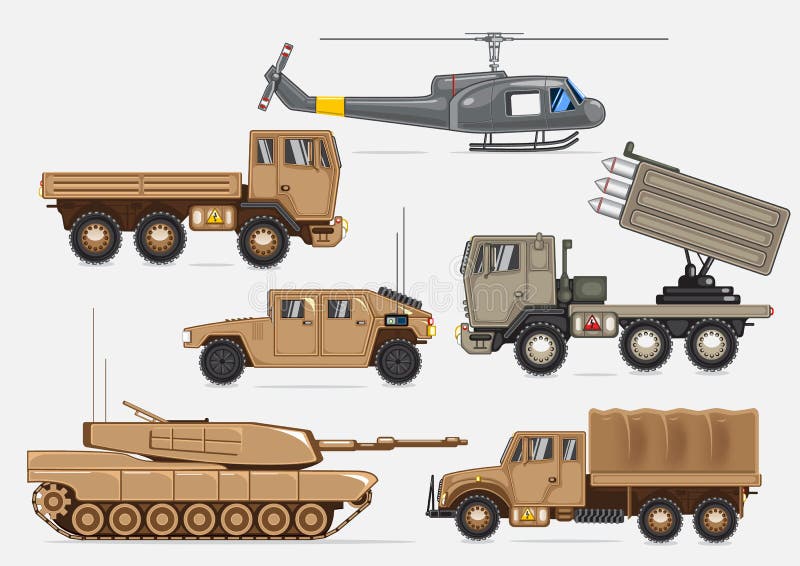 Set of different military vehicles and helicopter on white background vecto...