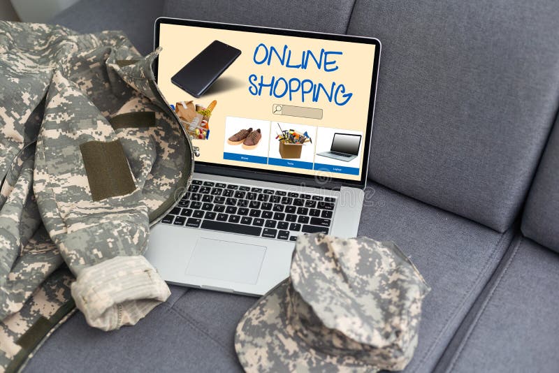 Military Uniform and Laptop with Online Shopping Stock Photo Image of
