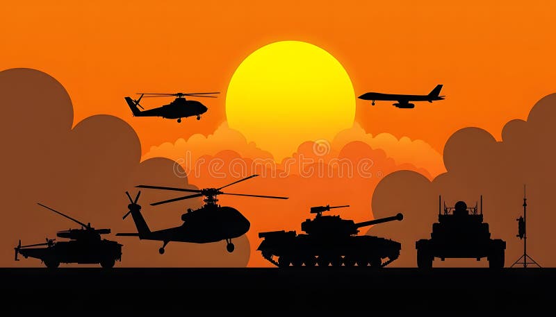 Military vehicles and aircraft silhouetted against a sunset sky royalty free illustration