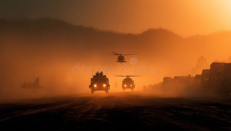 Military vehicles and helicopters navigating through a dusty landscape at sunset, creating a dramatic scene filled with vector illustration