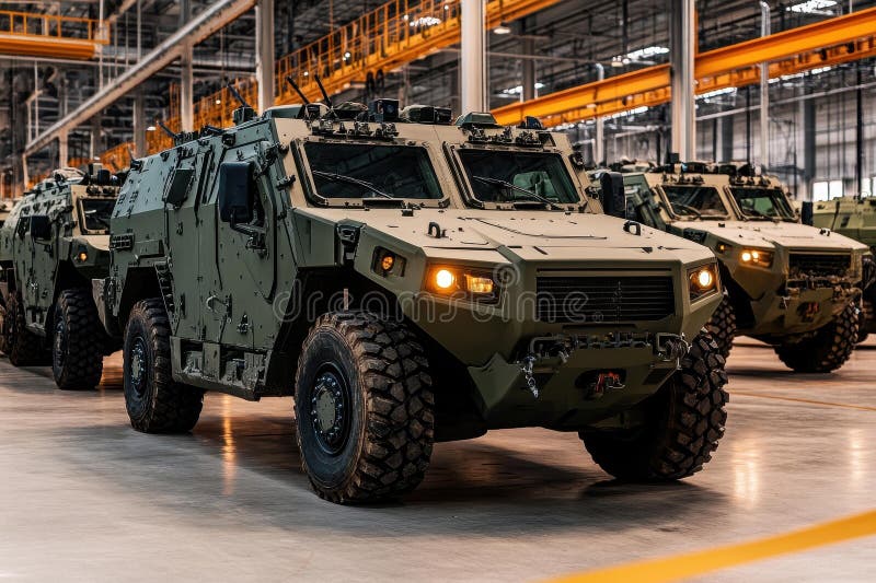 Military vehicles lined up in a manufacturing facility showcasing advanced d vector illustration