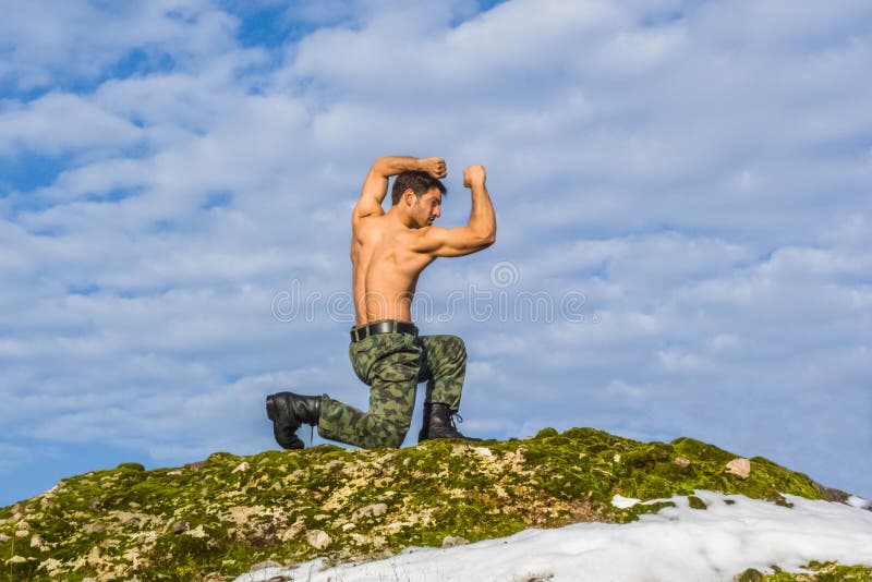 Military Young Man Training Martial Arts in Nature Stock Photo Image