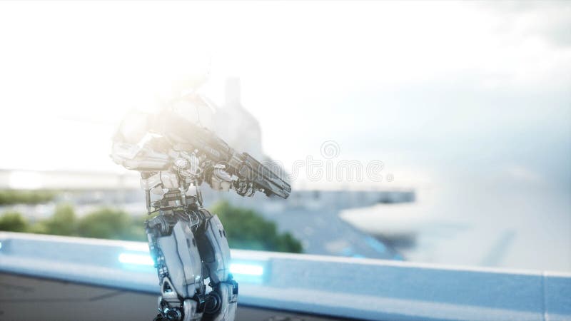 Militär robot med att gå för vapen Futuristisk stad, stad framförande 3d vektor illustrationer Militär robot med att gå för vapen Futuristisk stad, stad framförande 3d vektor illustrationer