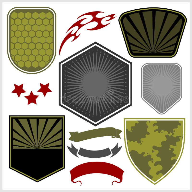 Militärsköldar och beståndsdelar - vektoruppsättning royaltyfri illustrationer Militärsköldar och beståndsdelar - vektoruppsättning royaltyfri illustrationer