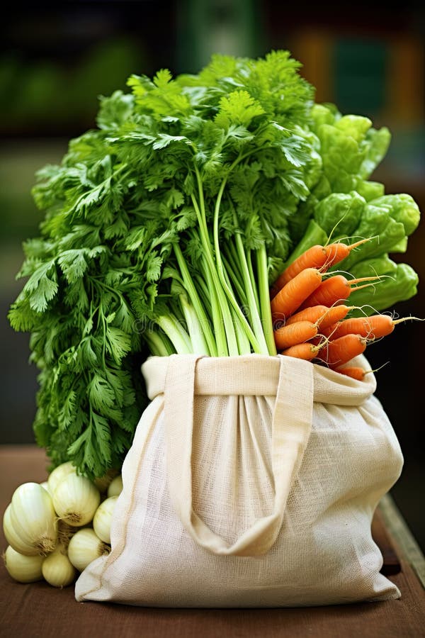 Miljösäck med färska grönsaker. ekovänlig shopping. vegankoncept. ai generative royaltyfri bild