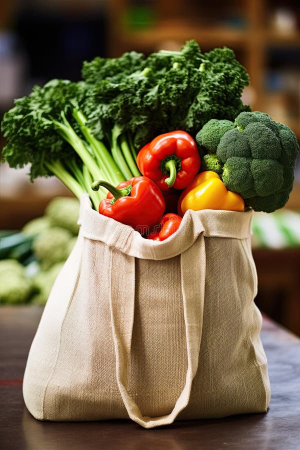 Miljösäck med färska grönsaker. ekovänlig shopping. vegankoncept. ai generative royaltyfri fotografi