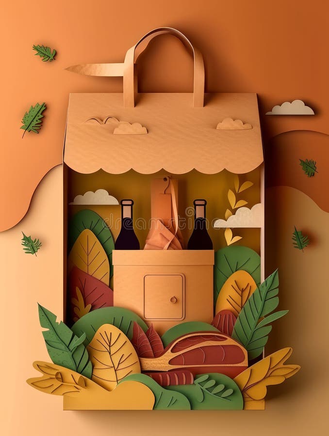 Miljövänlig picknickkorg med vinflaskor baguette och färska produkter omgivna av lush-blad i jordnära ton stock illustrationer