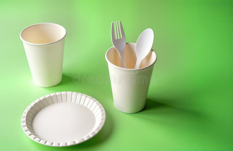 Miljövänlig uppsättning av bordsartiklar för engångsbruk. Papperskuponger. moderna miljövänliga bordsartiklar för picknicker utomh stock illustrationer