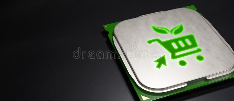 Miljövänligt miljömärke på cpu-mikrochip 3d-rendering royaltyfri illustrationer