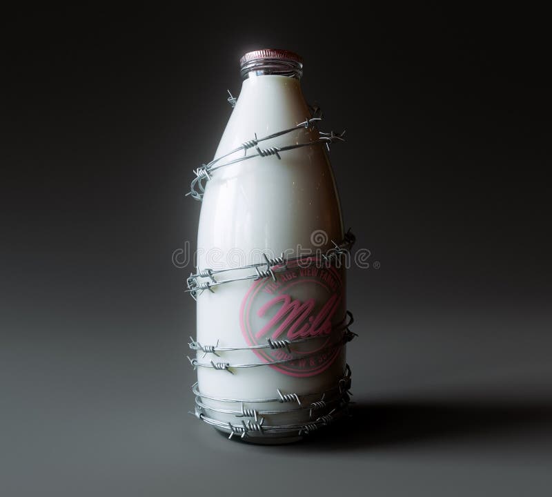 Milk Bottle And Barbed Wire. A concept showing an old milk bottle wrapped in barbed wire on a dark moody background - 3D render