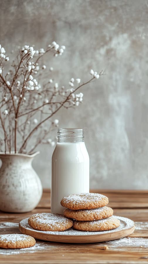 Milk bottle on table with sugar cookies. stock images
