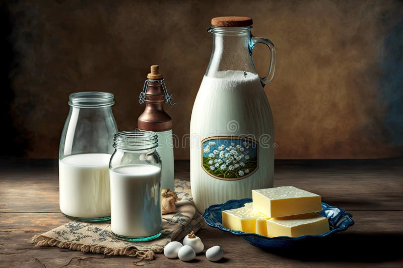 Milk Bottles Cream in Jar and Other Dairy Product on Table Stock Photo