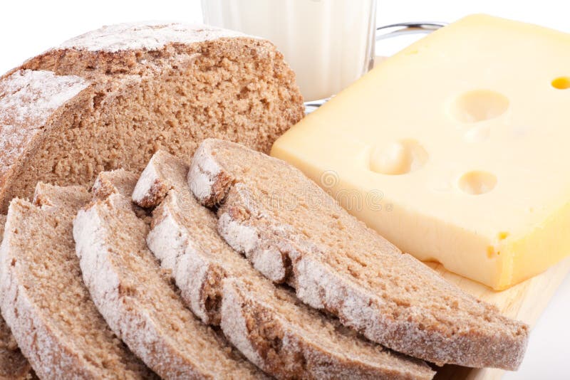 Milk, Cheese and Bread. Breakfast. Stock Photo Image of life, closeup