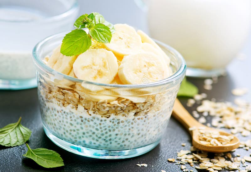 Milk with Chia Seeds and Banana Stock Image - Image of seed, appetizing ...