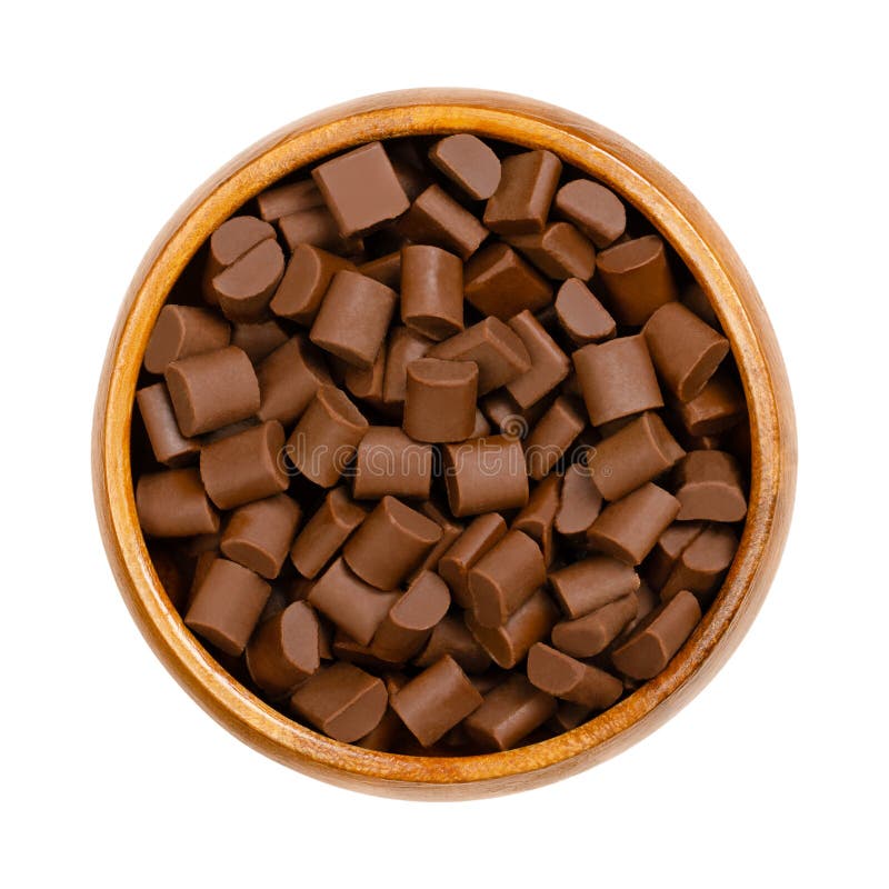 Chocolate Chunks, Milk Chocolate Chips and Morsels, in a Wooden Bowl