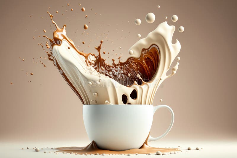 Milk and Chocolate in Cup with Falling of Splash and Steam. Morning