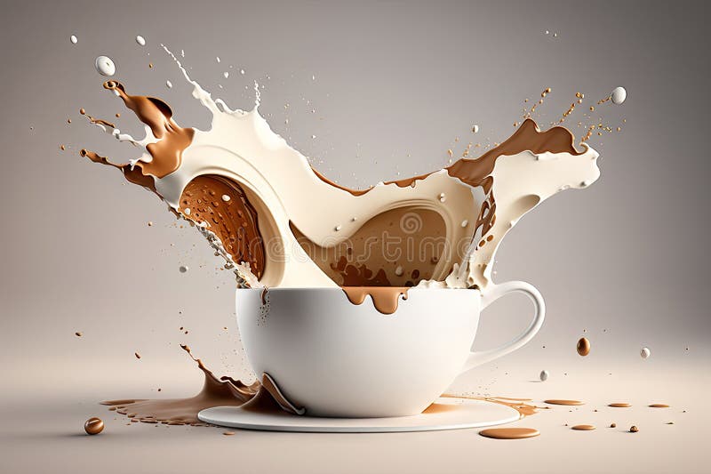 Milk and Chocolate in Cup with Falling of Splash and Steam. Morning
