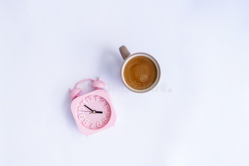 Milk Coffee and Alarm Clock Isolated on White Background, Minimal