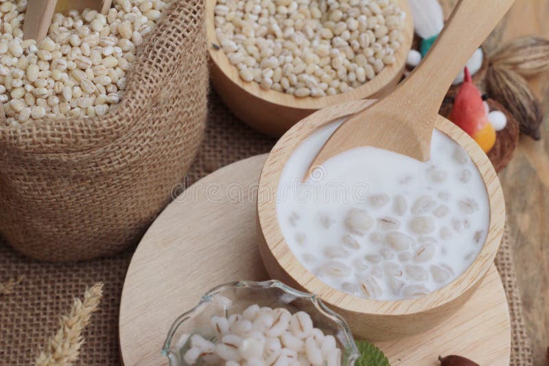 Milk And Cooked Barley For Health Delicious. Stock Photo Image of