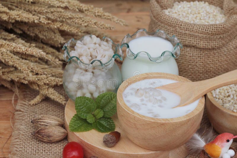 Milk And Cooked Barley For Health Delicious. Stock Photo Image of