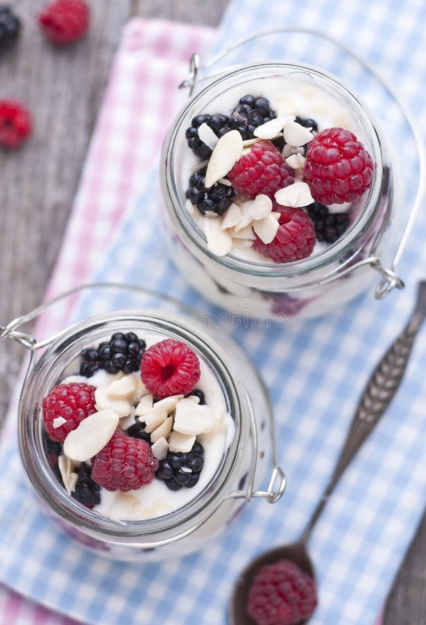 Milk and Cream Summer Dessert with Almonds Stock Image Image of spoon