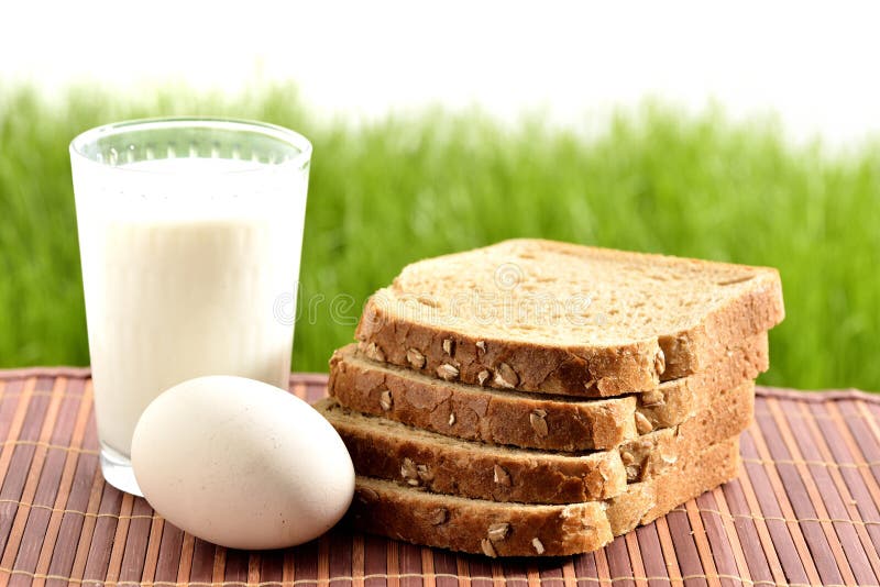 Milk and egg with bread against green grass.