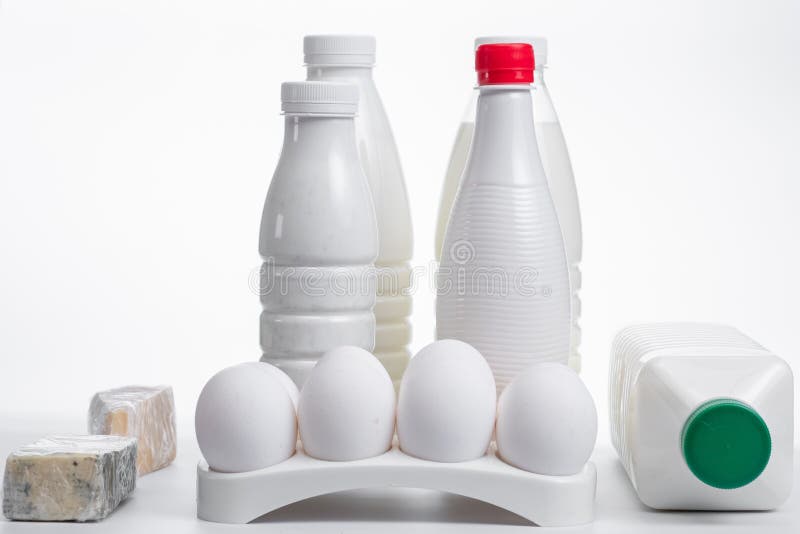 Milk Eggs Cheese Fresh Refrigerator. Dairy Bottle Stock Photo Image