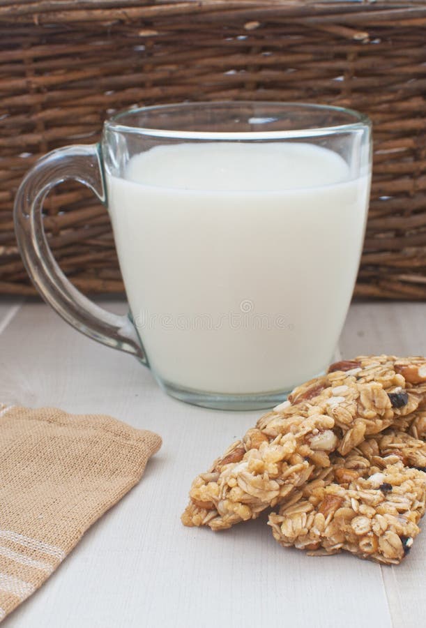 Milk and granola bars stock photo. Image of plant, fruit 25398112