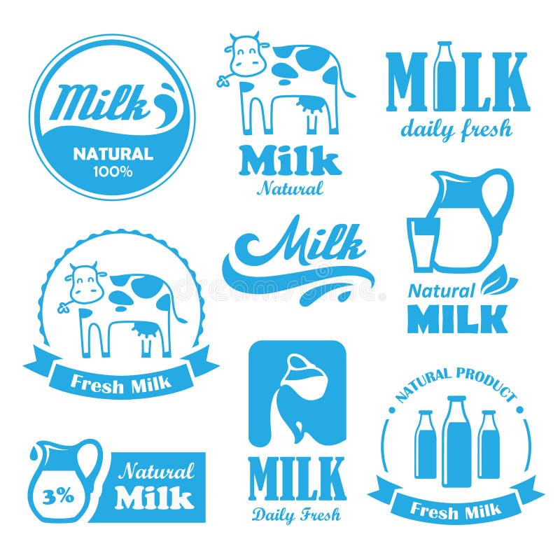 Sada modrá popisky a symboly pro mléko ve vektoru.