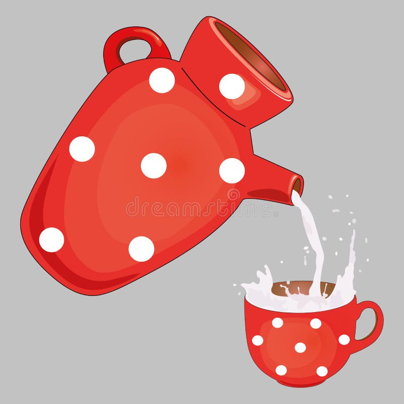 Flat Drawing Of A Red Jug Dishes For Liquid Pour The Milk From The Jug Red Polka Dot Mug With Milk Grey Isolated Illustrati Stock Illustration Illustration Of Design Store