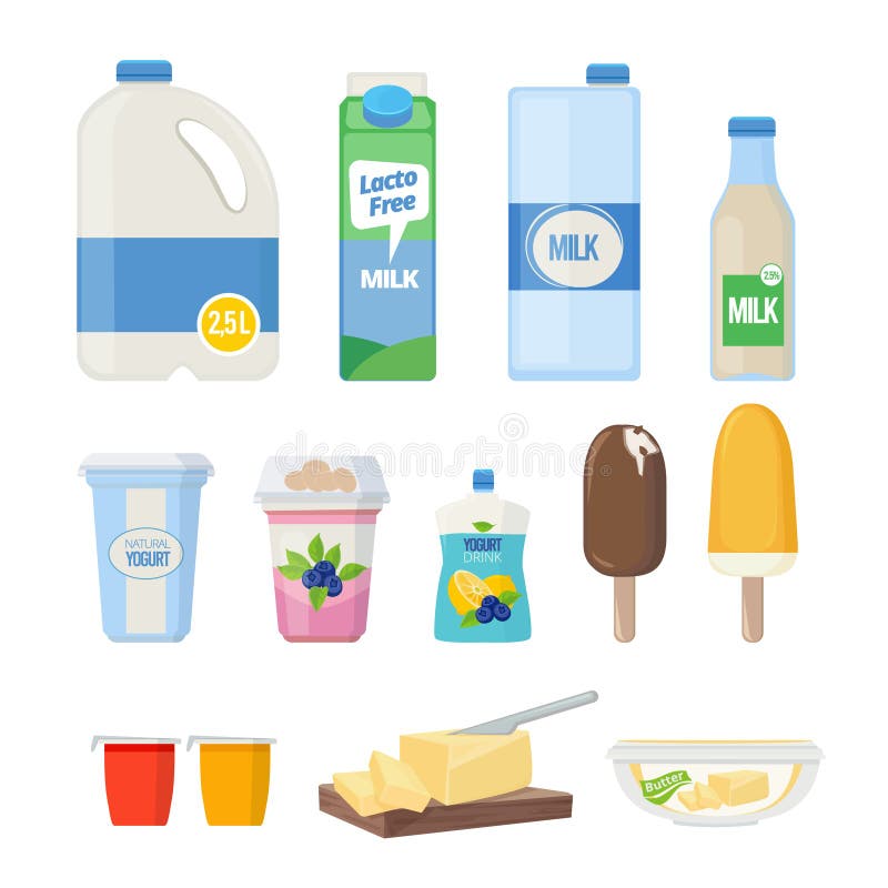 Milk products. Dairy food yogurt leche cheese ice cream vector cartoon natural healthy products collection. Cheese natural, drink milk and dairy yogurt illustration