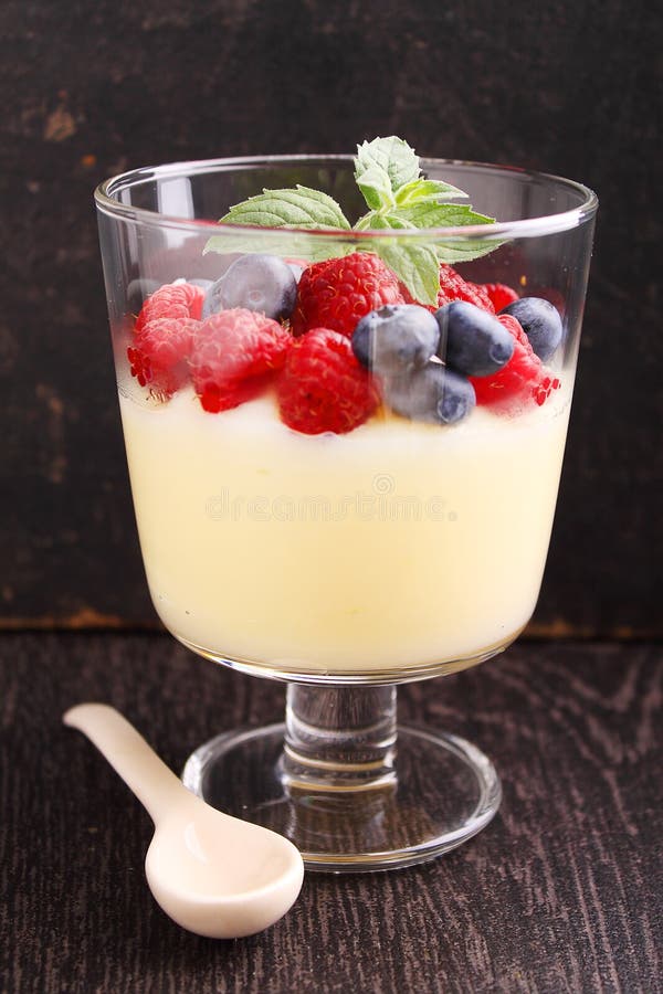 Milk Pudding with Berries in a Glass Stock Image Image of mint, milk