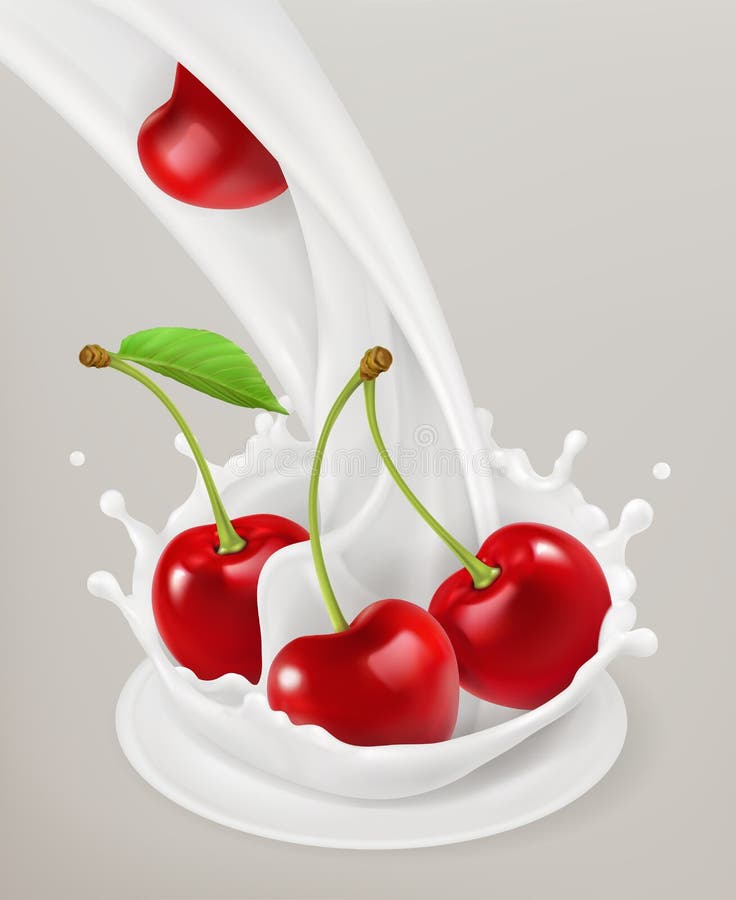 Cherry and Milk Splash. Fruit and Yogurt. 3d Vector Icon Stock Vector