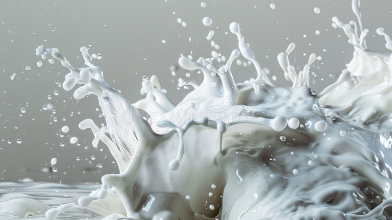 Milk splash in mid-air against gray background. A dynamic capture of milk splashing in mid-air against a gray background, showcasing the fluid movement and texture in a visually striking manner. AI generated